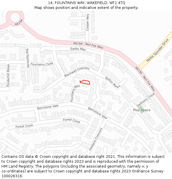 14, FOUNTAINS WAY, WAKEFIELD, WF1 4TQ: Location map and indicative extent of plot