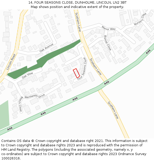 14, FOUR SEASONS CLOSE, DUNHOLME, LINCOLN, LN2 3BT: Location map and indicative extent of plot