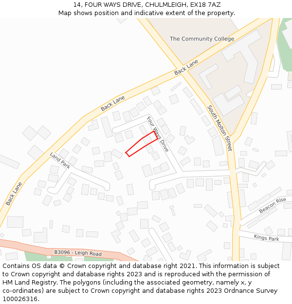 14, FOUR WAYS DRIVE, CHULMLEIGH, EX18 7AZ: Location map and indicative extent of plot