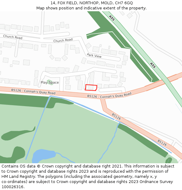 14, FOX FIELD, NORTHOP, MOLD, CH7 6GQ: Location map and indicative extent of plot