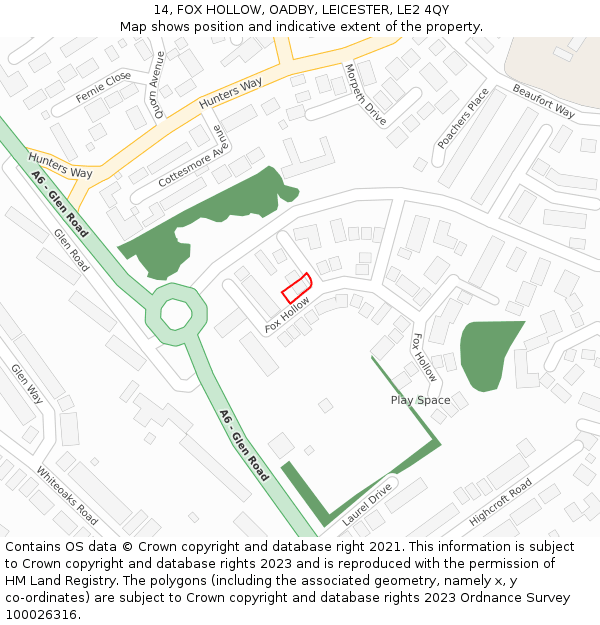 14, FOX HOLLOW, OADBY, LEICESTER, LE2 4QY: Location map and indicative extent of plot