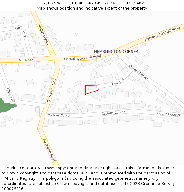 14, FOX WOOD, HEMBLINGTON, NORWICH, NR13 4RZ: Location map and indicative extent of plot