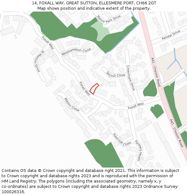 14, FOXALL WAY, GREAT SUTTON, ELLESMERE PORT, CH66 2GT: Location map and indicative extent of plot