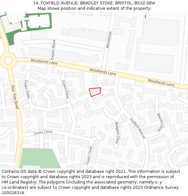 14, FOXFIELD AVENUE, BRADLEY STOKE, BRISTOL, BS32 0BW: Location map and indicative extent of plot