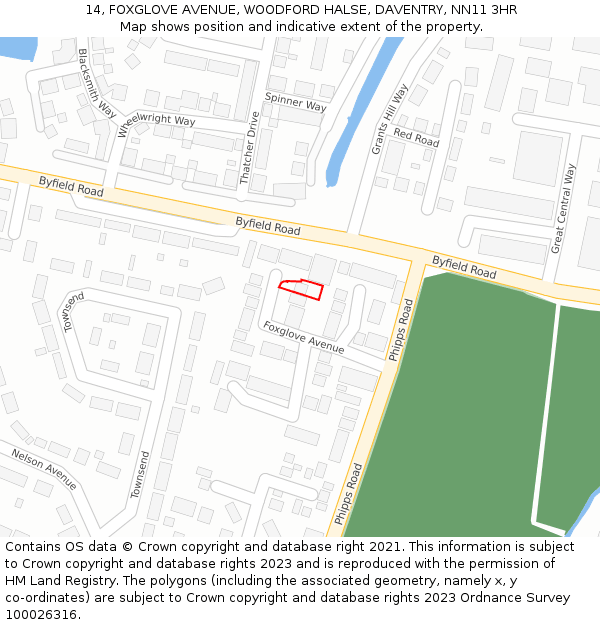 14, FOXGLOVE AVENUE, WOODFORD HALSE, DAVENTRY, NN11 3HR: Location map and indicative extent of plot