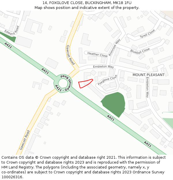 14, FOXGLOVE CLOSE, BUCKINGHAM, MK18 1FU: Location map and indicative extent of plot