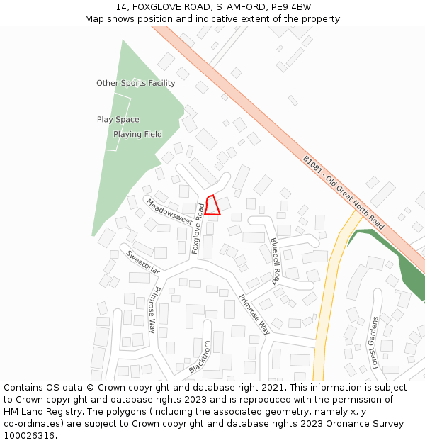 14, FOXGLOVE ROAD, STAMFORD, PE9 4BW: Location map and indicative extent of plot