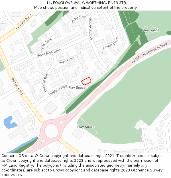 14, FOXGLOVE WALK, WORTHING, BN13 3TB: Location map and indicative extent of plot