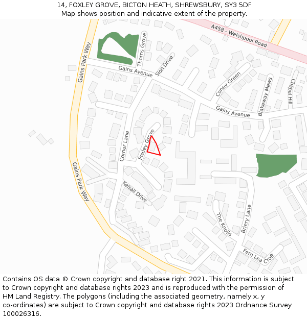 14, FOXLEY GROVE, BICTON HEATH, SHREWSBURY, SY3 5DF: Location map and indicative extent of plot