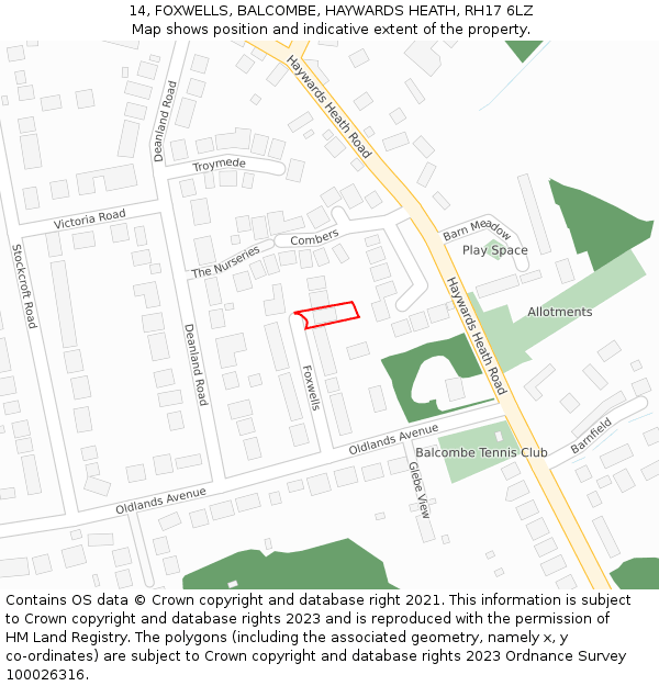 14, FOXWELLS, BALCOMBE, HAYWARDS HEATH, RH17 6LZ: Location map and indicative extent of plot