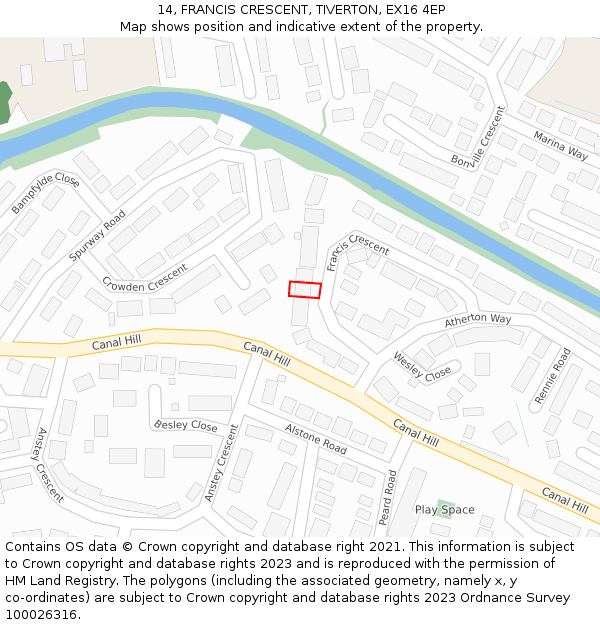 14, FRANCIS CRESCENT, TIVERTON, EX16 4EP: Location map and indicative extent of plot