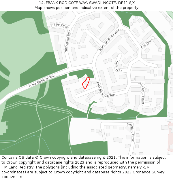 14, FRANK BODICOTE WAY, SWADLINCOTE, DE11 8JX: Location map and indicative extent of plot