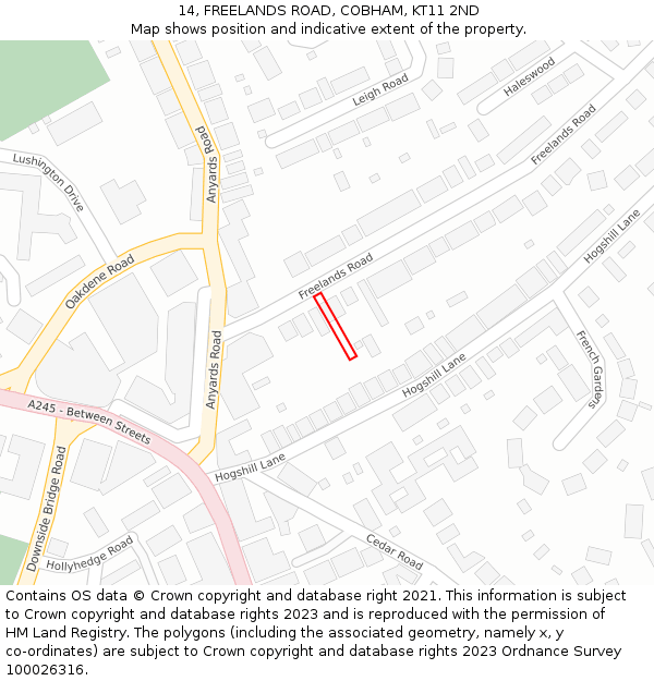 14, FREELANDS ROAD, COBHAM, KT11 2ND: Location map and indicative extent of plot