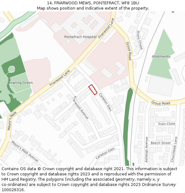 14, FRIARWOOD MEWS, PONTEFRACT, WF8 1BU: Location map and indicative extent of plot