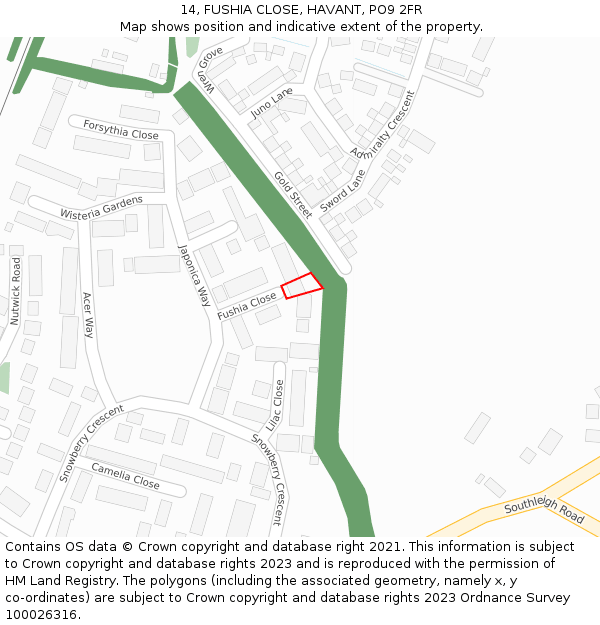 14, FUSHIA CLOSE, HAVANT, PO9 2FR: Location map and indicative extent of plot