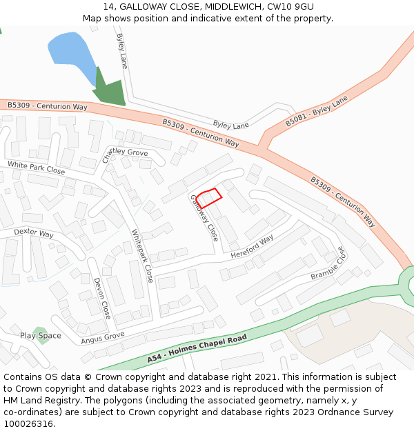 14, GALLOWAY CLOSE, MIDDLEWICH, CW10 9GU: Location map and indicative extent of plot