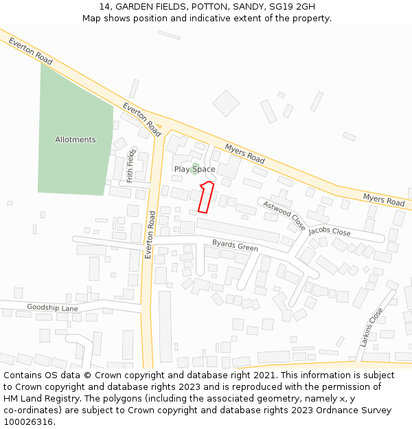 14, GARDEN FIELDS, POTTON, SANDY, SG19 2GH: Location map and indicative extent of plot