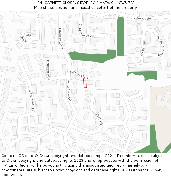 14, GARNETT CLOSE, STAPELEY, NANTWICH, CW5 7RF: Location map and indicative extent of plot