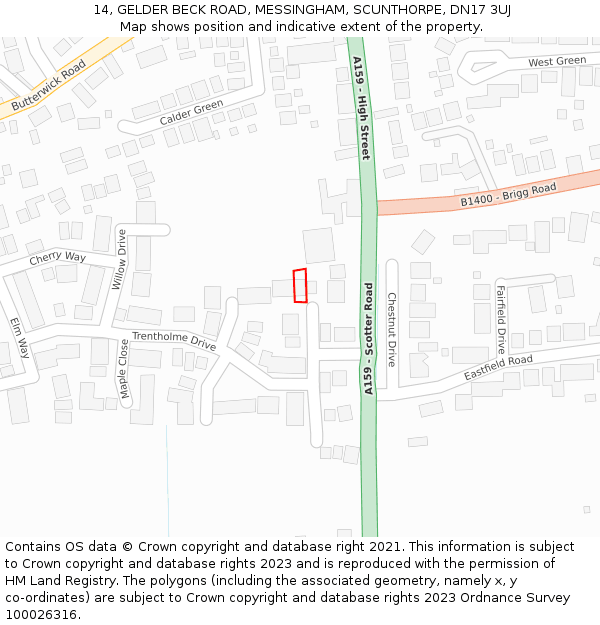 14, GELDER BECK ROAD, MESSINGHAM, SCUNTHORPE, DN17 3UJ: Location map and indicative extent of plot