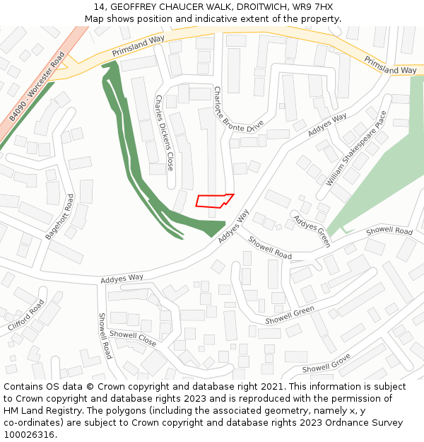 14, GEOFFREY CHAUCER WALK, DROITWICH, WR9 7HX: Location map and indicative extent of plot
