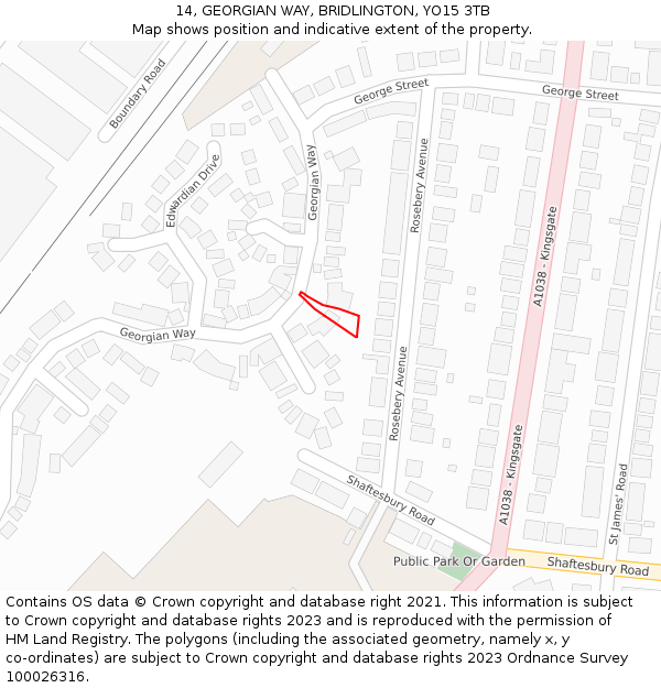 14, GEORGIAN WAY, BRIDLINGTON, YO15 3TB: Location map and indicative extent of plot