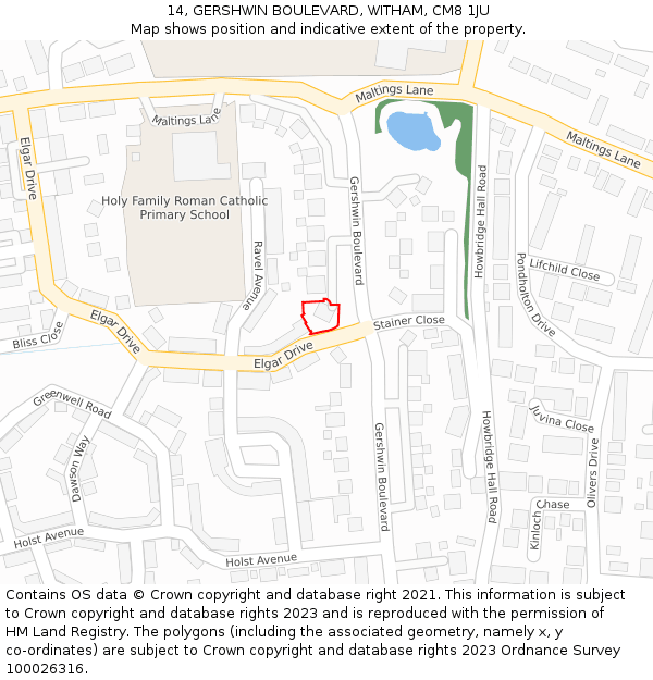 14, GERSHWIN BOULEVARD, WITHAM, CM8 1JU: Location map and indicative extent of plot