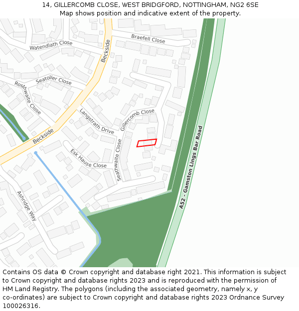 14, GILLERCOMB CLOSE, WEST BRIDGFORD, NOTTINGHAM, NG2 6SE: Location map and indicative extent of plot