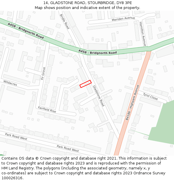 14, GLADSTONE ROAD, STOURBRIDGE, DY8 3PE: Location map and indicative extent of plot