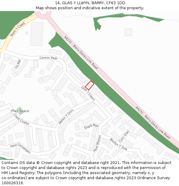 14, GLAS Y LLWYN, BARRY, CF63 1DD: Location map and indicative extent of plot