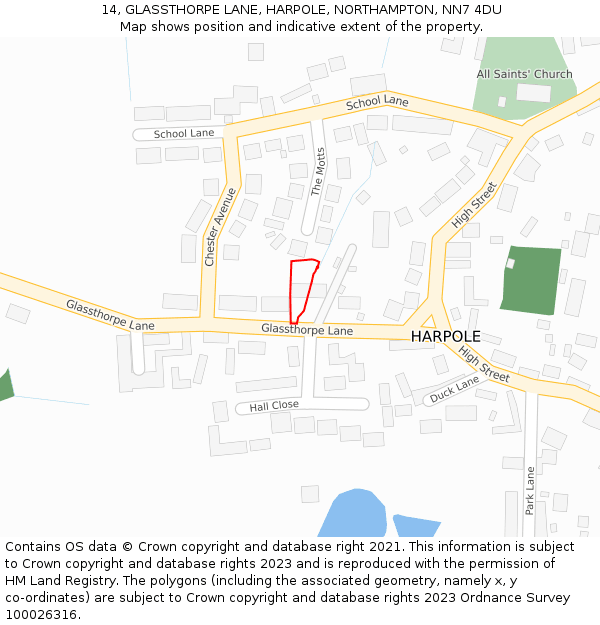 14, GLASSTHORPE LANE, HARPOLE, NORTHAMPTON, NN7 4DU: Location map and indicative extent of plot