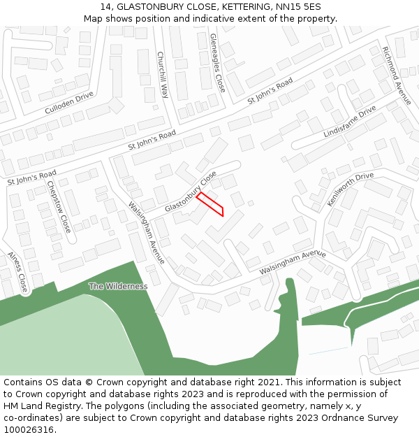 14, GLASTONBURY CLOSE, KETTERING, NN15 5ES: Location map and indicative extent of plot