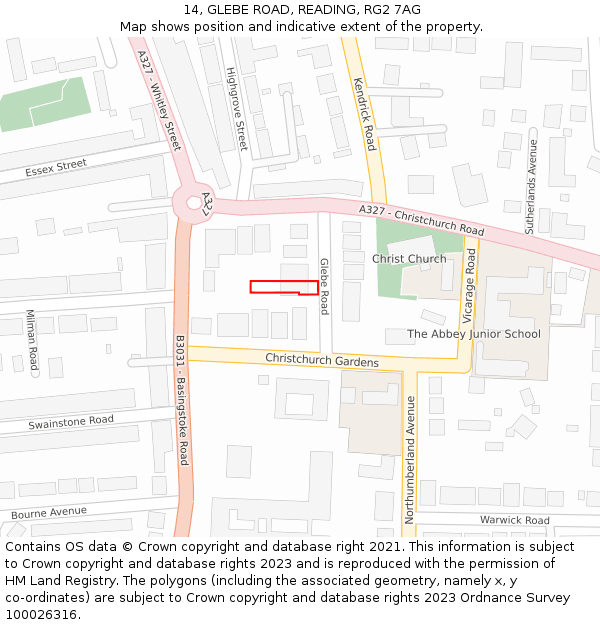 14, GLEBE ROAD, READING, RG2 7AG: Location map and indicative extent of plot