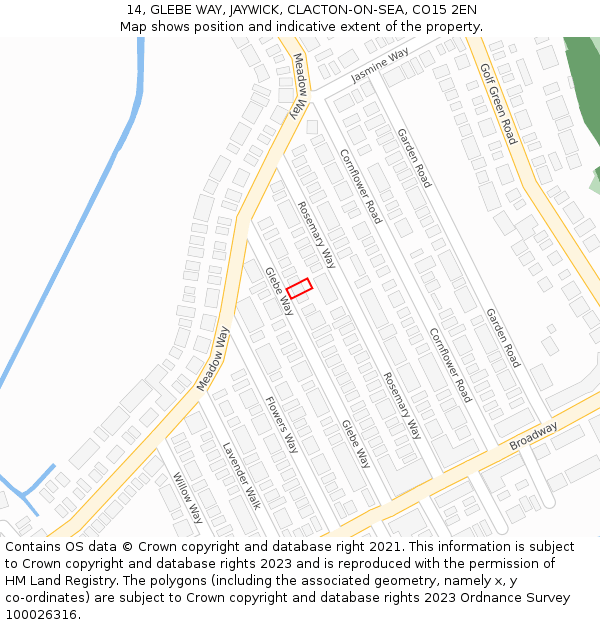 14, GLEBE WAY, JAYWICK, CLACTON-ON-SEA, CO15 2EN: Location map and indicative extent of plot