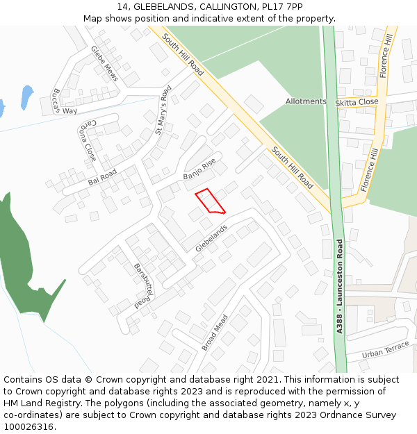 14, GLEBELANDS, CALLINGTON, PL17 7PP: Location map and indicative extent of plot