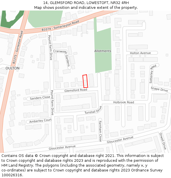 14, GLEMSFORD ROAD, LOWESTOFT, NR32 4RH: Location map and indicative extent of plot