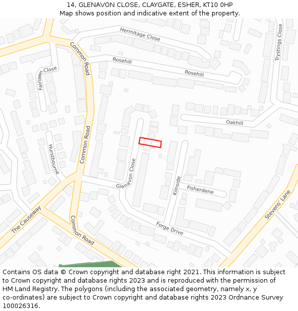 14, GLENAVON CLOSE, CLAYGATE, ESHER, KT10 0HP: Location map and indicative extent of plot