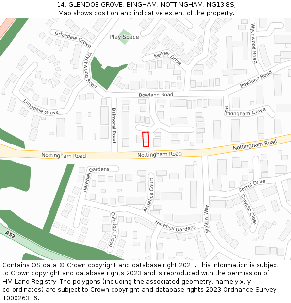 14, GLENDOE GROVE, BINGHAM, NOTTINGHAM, NG13 8SJ: Location map and indicative extent of plot