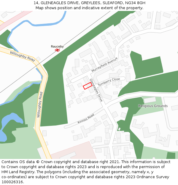 14, GLENEAGLES DRIVE, GREYLEES, SLEAFORD, NG34 8GH: Location map and indicative extent of plot