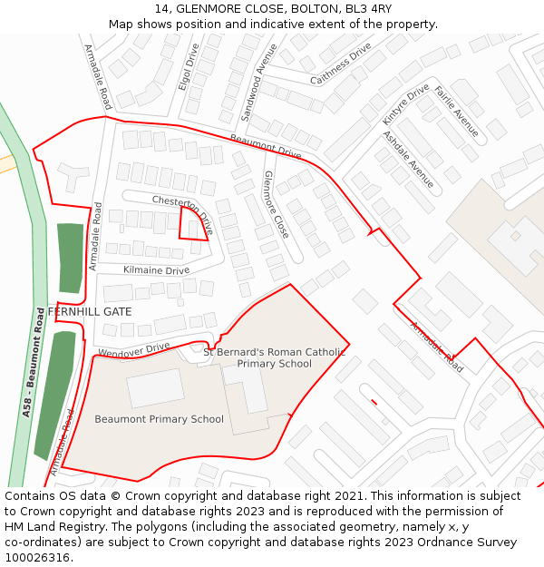 14, GLENMORE CLOSE, BOLTON, BL3 4RY: Location map and indicative extent of plot