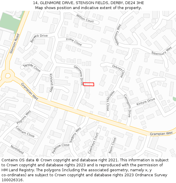 14, GLENMORE DRIVE, STENSON FIELDS, DERBY, DE24 3HE: Location map and indicative extent of plot