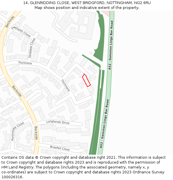 14, GLENRIDDING CLOSE, WEST BRIDGFORD, NOTTINGHAM, NG2 6RU: Location map and indicative extent of plot