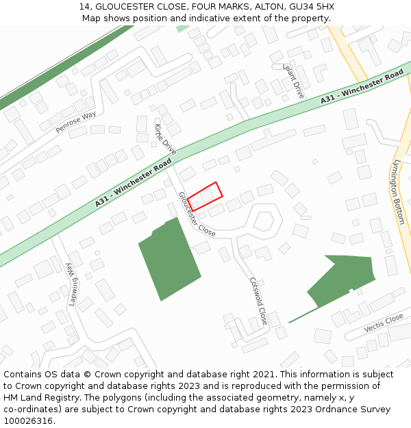 14, GLOUCESTER CLOSE, FOUR MARKS, ALTON, GU34 5HX: Location map and indicative extent of plot