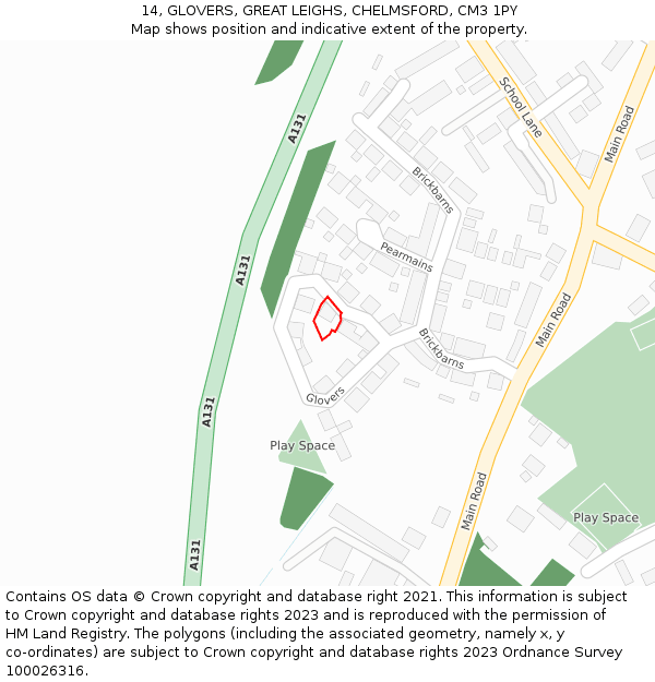 14, GLOVERS, GREAT LEIGHS, CHELMSFORD, CM3 1PY: Location map and indicative extent of plot
