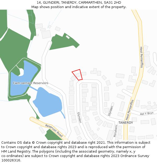 14, GLYNDERI, TANERDY, CARMARTHEN, SA31 2HD: Location map and indicative extent of plot