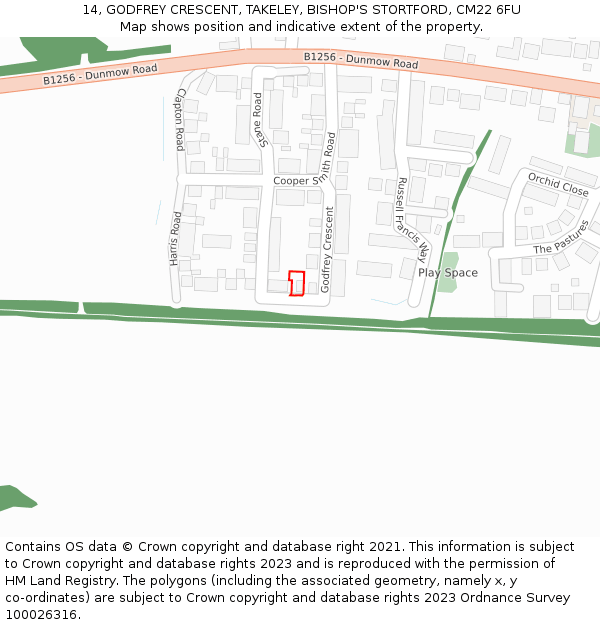 14, GODFREY CRESCENT, TAKELEY, BISHOP'S STORTFORD, CM22 6FU: Location map and indicative extent of plot