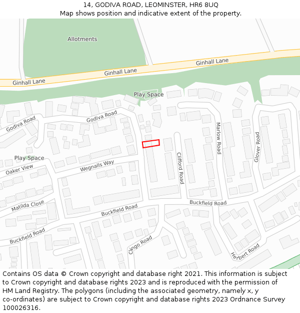 14, GODIVA ROAD, LEOMINSTER, HR6 8UQ: Location map and indicative extent of plot