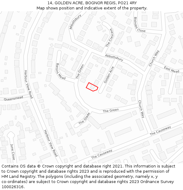 14, GOLDEN ACRE, BOGNOR REGIS, PO21 4RY: Location map and indicative extent of plot