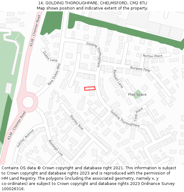 14, GOLDING THOROUGHFARE, CHELMSFORD, CM2 6TU: Location map and indicative extent of plot