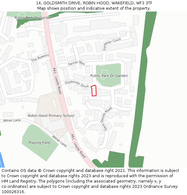 14, GOLDSMITH DRIVE, ROBIN HOOD, WAKEFIELD, WF3 3TF: Location map and indicative extent of plot