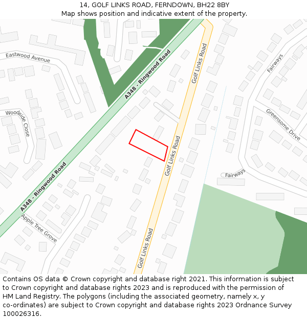 14, GOLF LINKS ROAD, FERNDOWN, BH22 8BY: Location map and indicative extent of plot